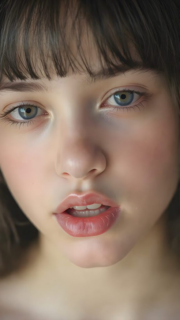 a beautifully close up portrait features of a young teen girl, with hyper realistic, ultra high definition skin texture and glossy lipstick-adorned full lips, the scene is captured in a high-resolution, 8K setting, under a soft, diffused light, super straight jet black hair, bangs, open mouth, seductive