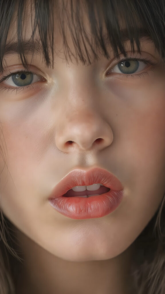 a beautifully close up portrait features of a young teen girl, with hyper realistic, ultra high definition skin texture and glossy lipstick-adorned full lips, the scene is captured in a high-resolution, 8K setting, under a soft, diffused light, super straight jet black hair, bangs, open mouth, seductive