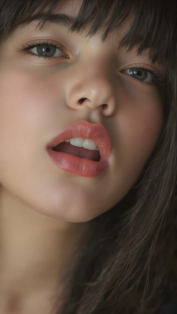 a beautifully close up portrait features of a young teen girl, with hyper realistic, ultra high definition skin texture and glossy lipstick-adorned full lips, the scene is captured in a high-resolution, 8K setting, under a soft, diffused light, super straight jet black hair, bangs, open mouth, seductive