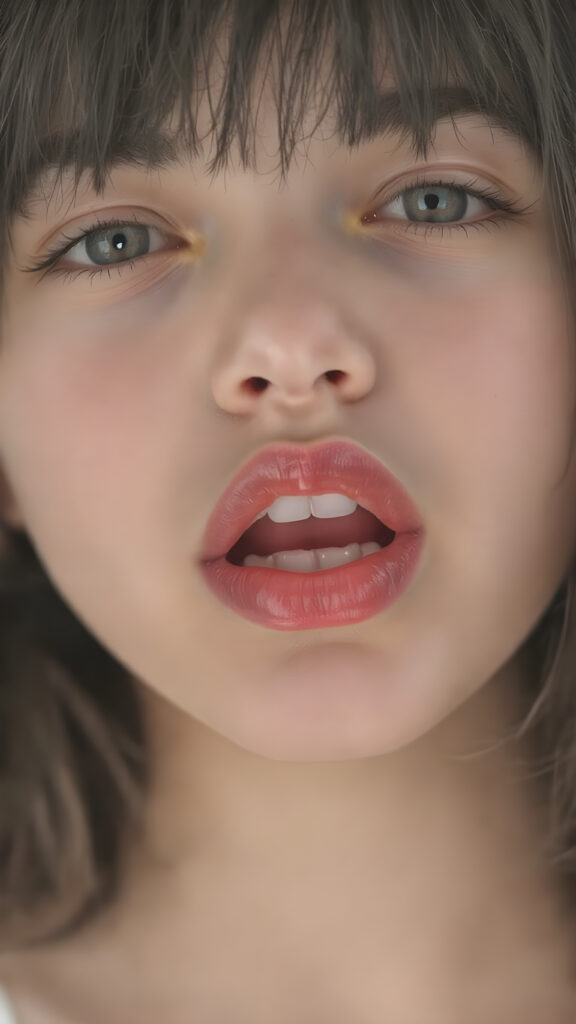 a beautifully close up portrait features of a young teen girl, with hyper realistic, ultra high definition skin texture and glossy lipstick-adorned full lips, the scene is captured in a high-resolution, 8K setting, under a soft, diffused light, super straight jet black hair, bangs, open mouth, seductive