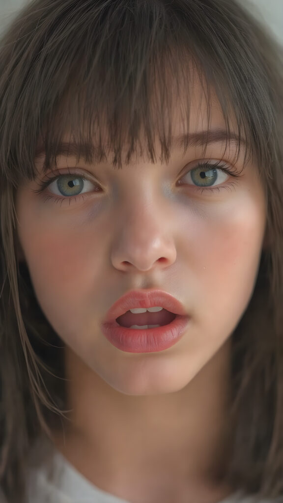 a beautifully close up portrait features of a young teen girl, with hyper realistic, ultra high definition skin texture and glossy lipstick-adorned full lips, the scene is captured in a high-resolution, 8K setting, under a soft, diffused light, super straight jet black hair, bangs, open mouth, seductive