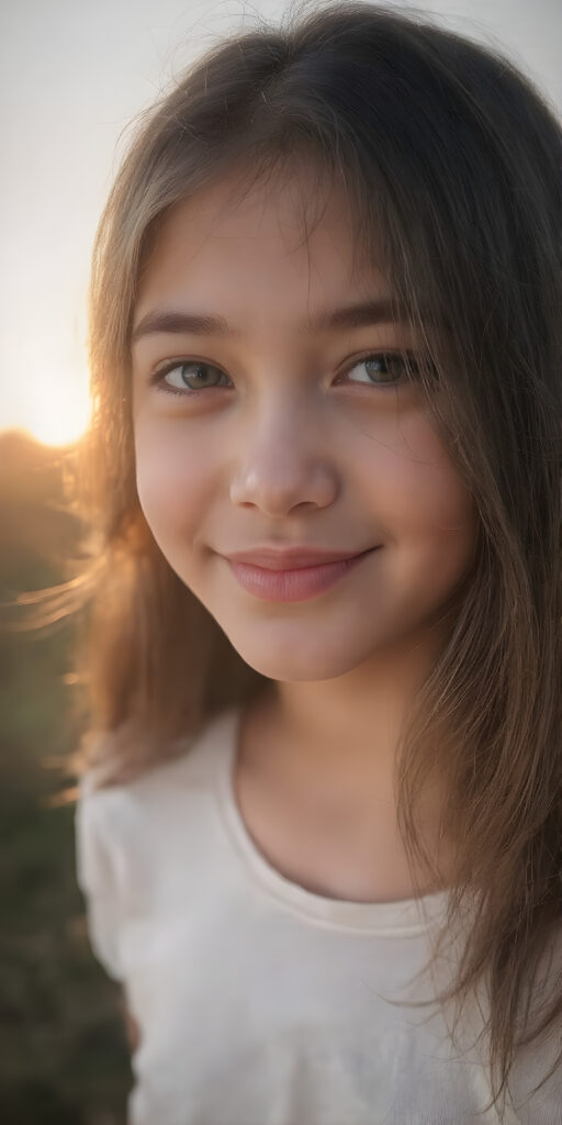 a beautifully overexposed photo (((the silhouette of her full body))) in a (((super realistic and hyper-detail full body photo))), facing the camera with a ((cheerful smile)) and (((natural-looking kissable lips))), highlighting her ((extremely cute features)), the adult girl's (((hair is perfectly straight brown and smooth)) that gently reflect the sun's rays, sun's rays illuminating her skin, giving it an ethereal glow. She is (((extremely realistic and exceptionally beautiful))), with her features subtly emphasized by the bright light, all against a sunset in the backdrop, she wears a thin t-shirt