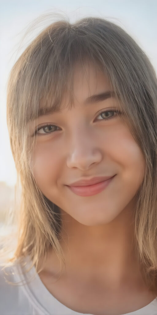 a beautifully overexposed photo (((the silhouette of her full body))) in a (((super realistic and hyper-detail full body photo))), facing the camera with a ((cheerful smile)) and (((natural-looking kissable lips))), highlighting her ((extremely cute features)), the adult girl's (((hair is perfectly straight brown and smooth)) that gently reflect the sun's rays, sun's rays illuminating her skin, giving it an ethereal glow. She is (((extremely realistic and exceptionally beautiful))), with her features subtly emphasized by the bright light, all against a sunset in the backdrop, she wears a thin t-shirt