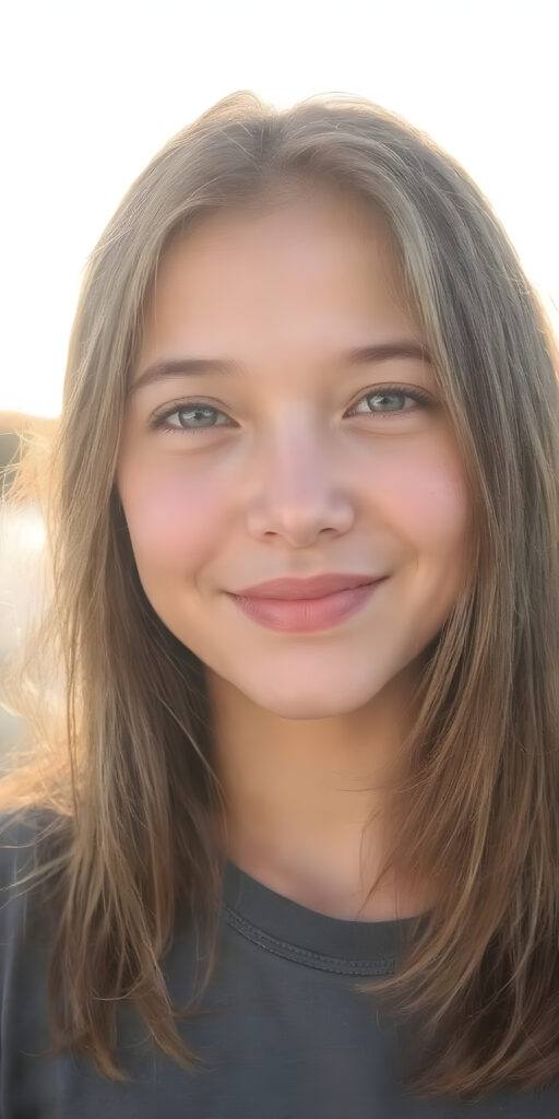 a beautifully overexposed photo (((the silhouette of her full body))) in a (((super realistic and hyper-detail full body photo))), facing the camera with a ((cheerful smile)) and (((natural-looking kissable lips))), highlighting her ((extremely cute features)), the adult girl's (((hair is perfectly straight brown and smooth)) that gently reflect the sun's rays, sun's rays illuminating her skin, giving it an ethereal glow. She is (((extremely realistic and exceptionally beautiful))), with her features subtly emphasized by the bright light, all against a sunset in the backdrop, she wears a thin t-shirt