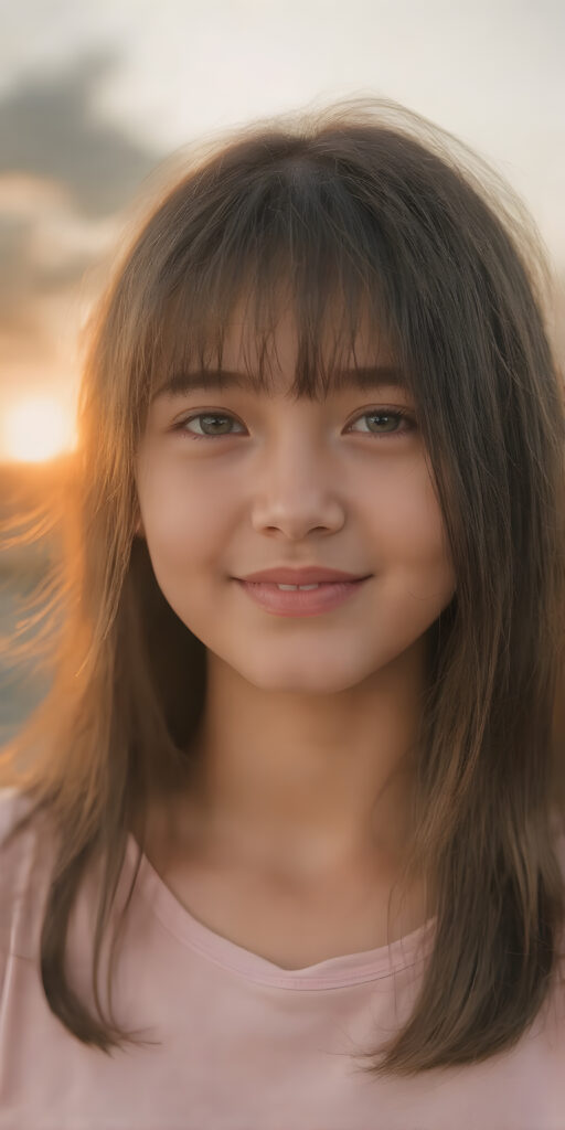 a beautifully overexposed photo (((the silhouette of her full body))) in a (((super realistic and hyper-detail full body photo))), facing the camera with a ((cheerful smile)) and (((natural-looking kissable lips))), highlighting her ((extremely cute features)), the adult girl's (((hair is perfectly straight brown and smooth)) that gently reflect the sun's rays, sun's rays illuminating her skin, giving it an ethereal glow. She is (((extremely realistic and exceptionally beautiful))), with her features subtly emphasized by the bright light, all against a sunset in the backdrop, she wears a thin t-shirt