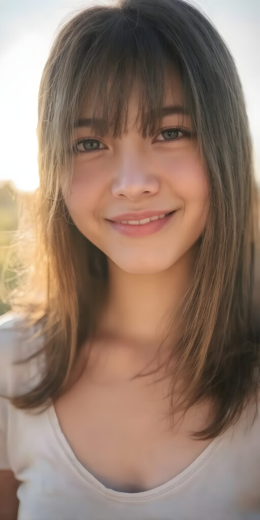 a beautifully overexposed photo (((the silhouette of her full body))) in a (((super realistic and hyper-detail full body photo))), facing the camera with a ((cheerful smile)) and (((natural-looking kissable lips))), highlighting her ((extremely cute features)), the adult girl's (((hair is perfectly straight brown and smooth)) that gently reflect the sun's rays, sun's rays illuminating her skin, giving it an ethereal glow. She is (((extremely realistic and exceptionally beautiful))), with her features subtly emphasized by the bright light, all against a sunset in the backdrop, she wears a thin t-shirt