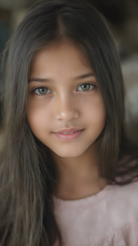 a beautifully photo of a young girl with long, straight black soft hair and piercing brown eyes, round face, full lips, in a serene, natural pose, using a soft, natural light that brings out her youthful features, in 8K resolution, with highly detailed, high-quality coloring that gives off a sense of realism and elegance, white teeth, smile