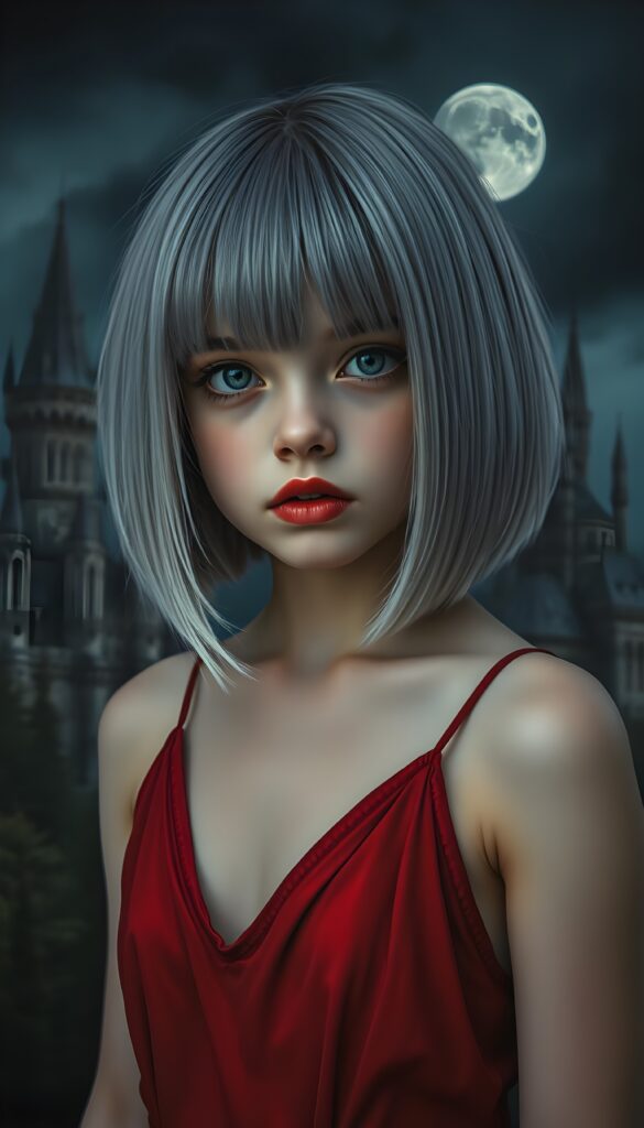 a beautifully photo (((vividly detailed painting))), featuring a (((young chubby girl))) with straight jet silver light blue hair, shoulder-length bob cut, set against a (gothic backdrop of castles and moonlit forests), deep v-neck spaghetti red dress. Red kissable lips, white teeth. Front view.