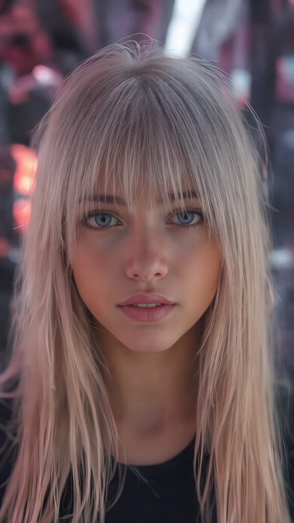 a beautifully portrait (((young e-girl, with (((long, straight, soft pink hair))), that subtly curls into a gentle wave, framing her face against a backdrop of a sleekly designed cyberpunk environment. Her striking features and natural skin tone blend seamlessly into the futuristic atmosphere, creating a truly stunning visual contrast