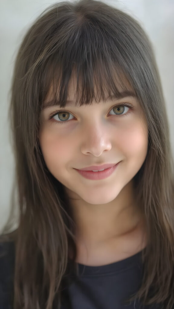 a beautifully photo of a young girl with long, straight black soft hair and piercing brown eyes, round face, full lips, in a serene, natural pose, using a soft, natural light that brings out her youthful features, in 8K resolution, with highly detailed, high-quality coloring that gives off a sense of realism and elegance, white teeth, smile