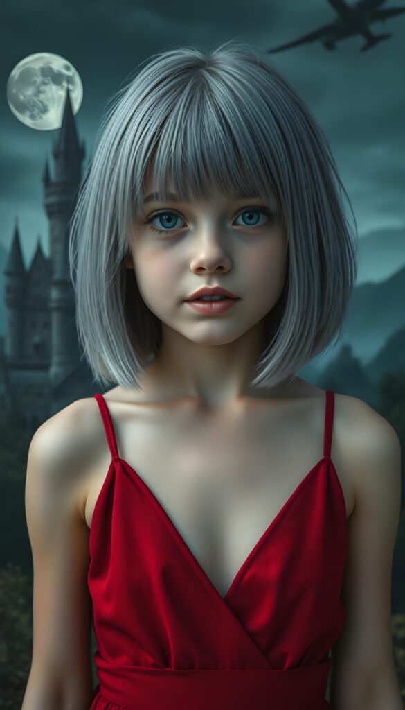 a beautifully photo (((vividly detailed painting))), featuring a (((young chubby girl))) with straight jet silver light blue hair, shoulder-length bob cut, set against a (gothic backdrop of castles and moonlit forests), deep v-neck spaghetti red dress. Red kissable lips, white teeth. Front view.