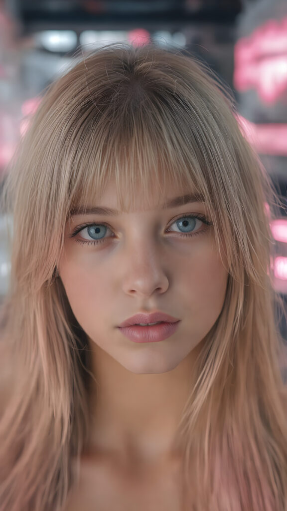 a beautifully portrait (((young e-girl, with (((long, straight, soft pink hair))), that subtly curls into a gentle wave, framing her face against a backdrop of a sleekly designed cyberpunk environment. Her striking features and natural skin tone blend seamlessly into the futuristic atmosphere, creating a truly stunning visual contrast