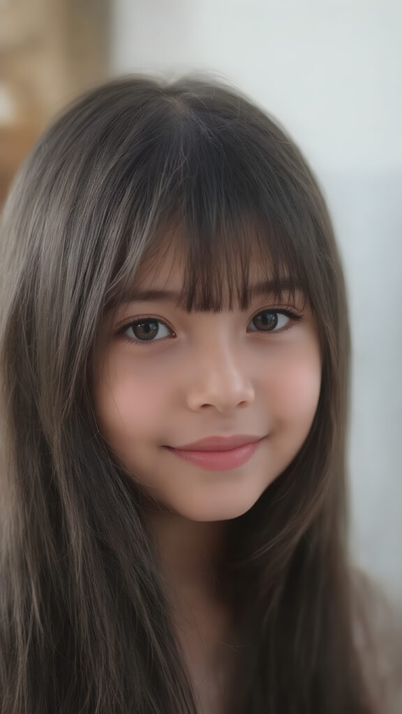 a beautifully photo of a young girl with long, straight black soft hair and piercing brown eyes, round face, full lips, in a serene, natural pose, using a soft, natural light that brings out her youthful features, in 8K resolution, with highly detailed, high-quality coloring that gives off a sense of realism and elegance, white teeth, smile