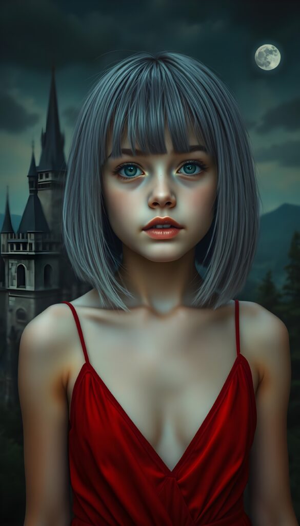 a beautifully photo (((vividly detailed painting))), featuring a (((young chubby girl))) with straight jet silver light blue hair, shoulder-length bob cut, set against a (gothic backdrop of castles and moonlit forests), deep v-neck spaghetti red dress. Red kissable lips, white teeth. Front view.