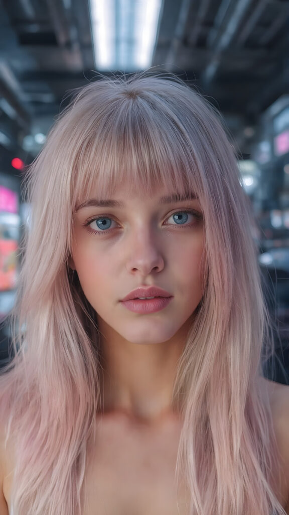 a beautifully portrait (((young e-girl, with (((long, straight, soft pink hair))), that subtly curls into a gentle wave, framing her face against a backdrop of a sleekly designed cyberpunk environment. Her striking features and natural skin tone blend seamlessly into the futuristic atmosphere, creating a truly stunning visual contrast