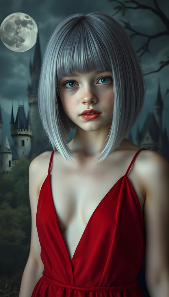 a beautifully photo (((vividly detailed painting))), featuring a (((young chubby girl))) with straight jet silver light blue hair, shoulder-length bob cut, set against a (gothic backdrop of castles and moonlit forests), deep v-neck spaghetti red dress. Red kissable lips, white teeth. Front view.