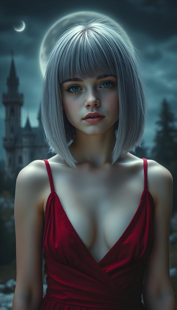 a beautifully photo (((vividly detailed painting))), featuring a (((young chubby girl))) with straight jet silver light blue hair, shoulder-length bob cut, set against a (gothic backdrop of castles and moonlit forests), deep v-neck spaghetti red dress. Red kissable lips, white teeth. Front view.