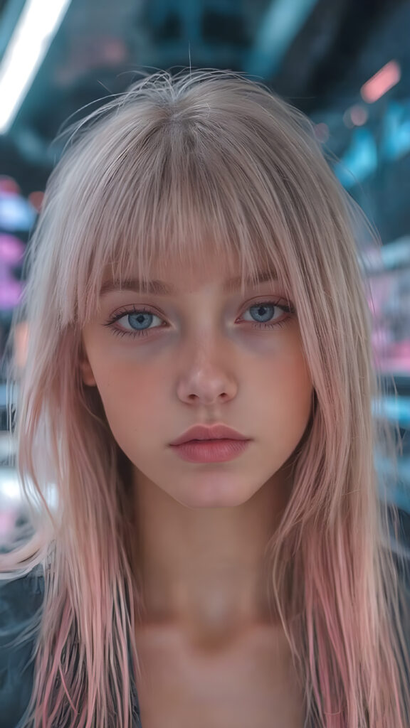 a beautifully portrait (((young e-girl, with (((long, straight, soft pink hair))), that subtly curls into a gentle wave, framing her face against a backdrop of a sleekly designed cyberpunk environment. Her striking features and natural skin tone blend seamlessly into the futuristic atmosphere, creating a truly stunning visual contrast