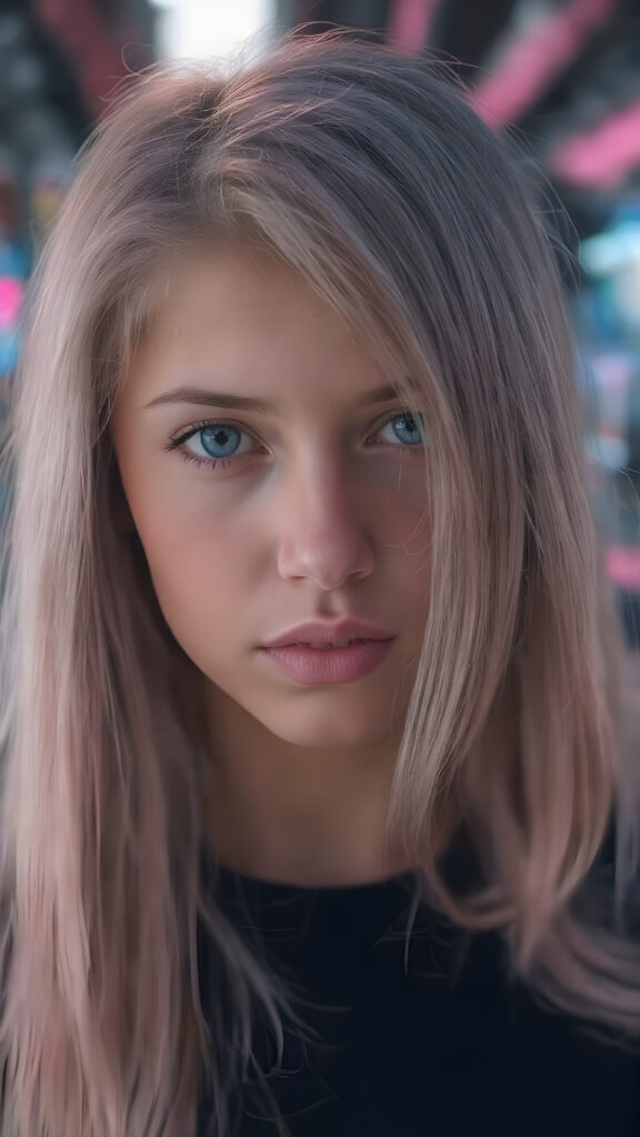 a beautifully portrait (((young e-girl, with (((long, straight, soft pink hair))), that subtly curls into a gentle wave, framing her face against a backdrop of a sleekly designed cyberpunk environment. Her striking features and natural skin tone blend seamlessly into the futuristic atmosphere, creating a truly stunning visual contrast