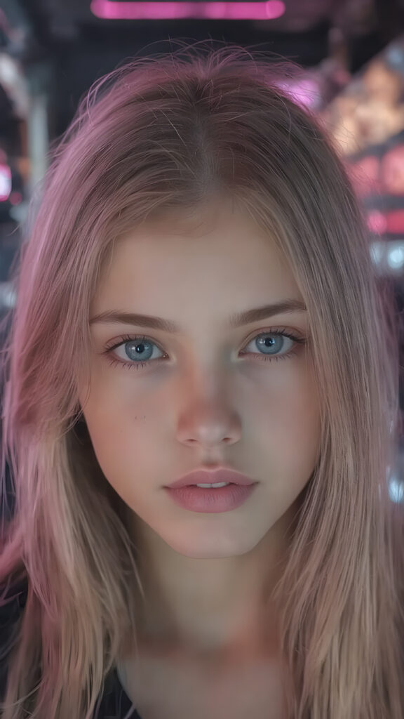 a beautifully portrait (((young e-girl, with (((long, straight, soft pink hair))), that subtly curls into a gentle wave, framing her face against a backdrop of a sleekly designed cyberpunk environment. Her striking features and natural skin tone blend seamlessly into the futuristic atmosphere, creating a truly stunning visual contrast