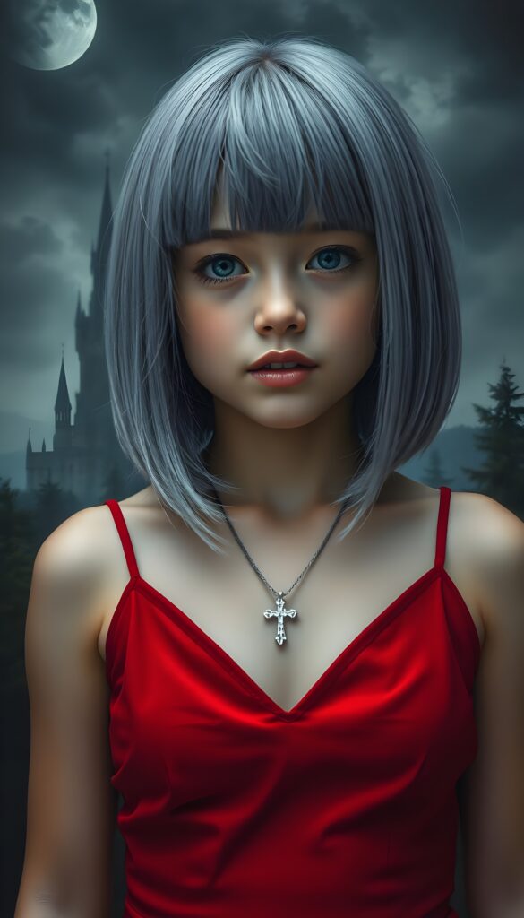 a beautifully photo (((vividly detailed painting))), featuring a (((young chubby girl))) with straight jet silver light blue hair, shoulder-length bob cut, set against a (gothic backdrop of castles and moonlit forests), deep v-neck spaghetti red dress. Red kissable lips, white teeth. Front view.