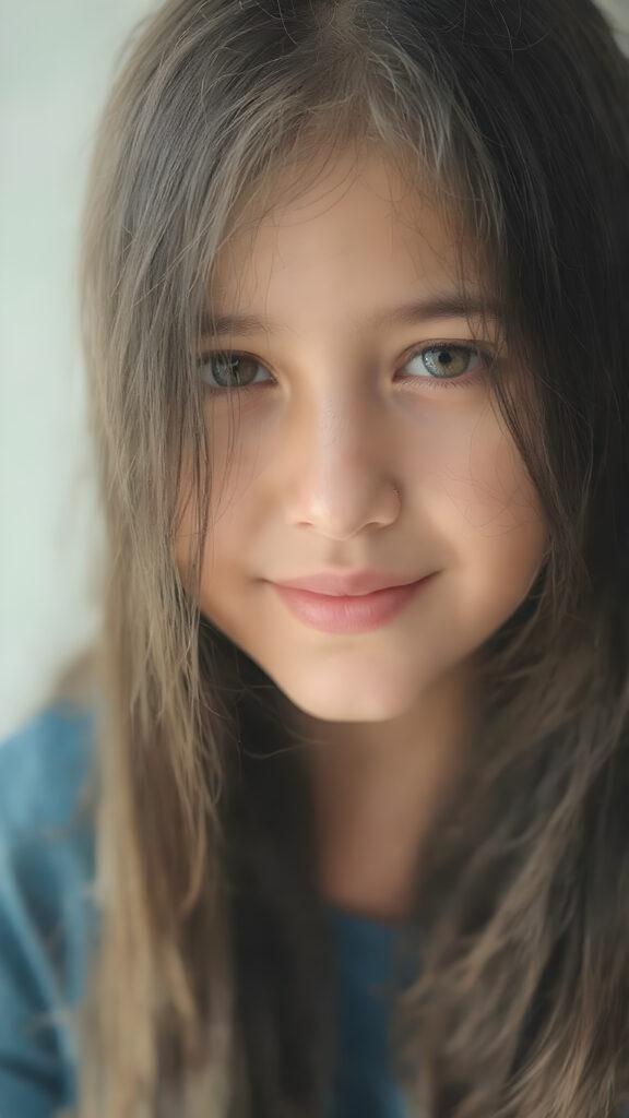a beautifully photo of a young girl with long, straight black soft hair and piercing brown eyes, round face, full lips, in a serene, natural pose, using a soft, natural light that brings out her youthful features, in 8K resolution, with highly detailed, high-quality coloring that gives off a sense of realism and elegance, white teeth, smile