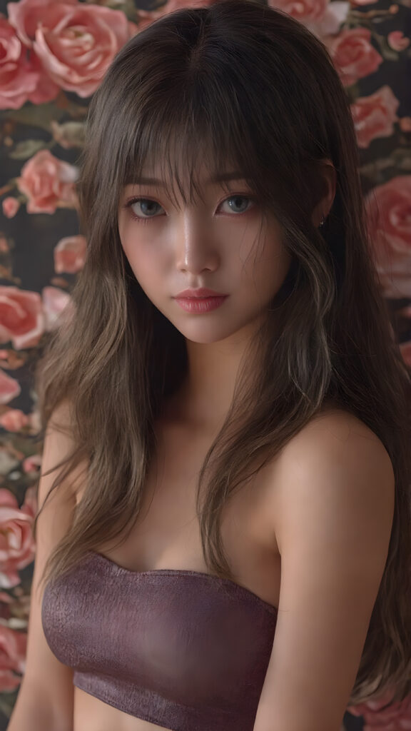 a beautifully realistic and detailed photo from a (((super realistic Japanese girl))), with a curvy figure and intricate details, dressed in a (((super short, tight tank top))), poised in a playfully confident pose, with long, flowing hair and striking, perfectly detailed eyes