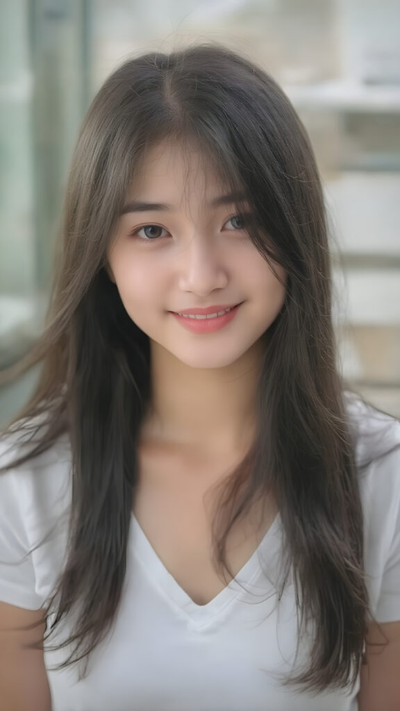 a beautifully realistic and detailed (((upper body portrait))), featuring a (((pretty young Korean teen girl))) with ((long soft straight jet black hair)), which flows gently in the wind, framing her delicate face. Her (((dark eyes))), with their distinctive light brown shade, exude a sense of youthful confidence. She's (((smiling sweetly))), with her lips painted in a natural hue that complements Korea's (tanned skin) and her ((looking directly into the camera)) for a high-quality image. (((She wears a short white t-shirt with a low V-neck))), which emphasizes her ((perfect anatomy)). The overall style is (((K-Drama inspired))), with ((natural-looking skin)) and ((beautiful lighting)), which gives off a sense of (natural confidence)