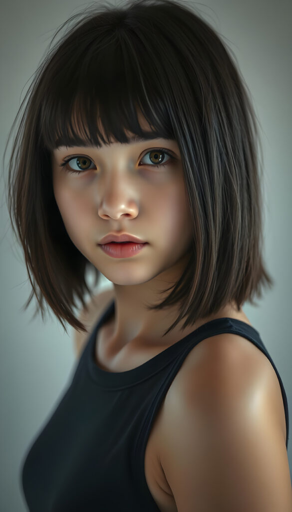 a beautifully realistic portrait from a teen girl, realistic detailed angelic round face, ((realistic detailed amber eye)) look at the camera, portrait shot, perfect curved body, (wears a super short tight (cropped tank top), perfect anatomy, white background, side perspective, ((cute)), (((shoulder length, straight soft obsidian-black hair, bangs))), ((stunning))