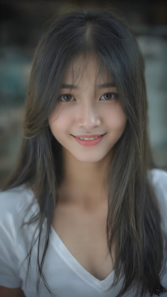 a beautifully realistic and detailed (((upper body portrait))), featuring a (((pretty young Korean teen girl))) with ((long soft straight jet black hair)), which flows gently in the wind, framing her delicate face. Her (((dark eyes))), with their distinctive light brown shade, exude a sense of youthful confidence. She's (((smiling sweetly))), with her lips painted in a natural hue that complements Korea's (tanned skin) and her ((looking directly into the camera)) for a high-quality image. (((She wears a short white t-shirt with a low V-neck))), which emphasizes her ((perfect anatomy)). The overall style is (((K-Drama inspired))), with ((natural-looking skin)) and ((beautiful lighting)), which gives off a sense of (natural confidence)