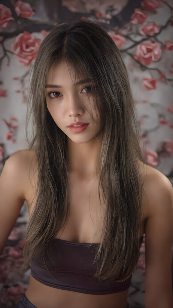 a beautifully realistic and detailed photo from a (((super realistic Japanese girl))), with a curvy figure and intricate details, dressed in a (((super short, tight tank top))), poised in a playfully confident pose, with long, flowing hair and striking, perfectly detailed eyes