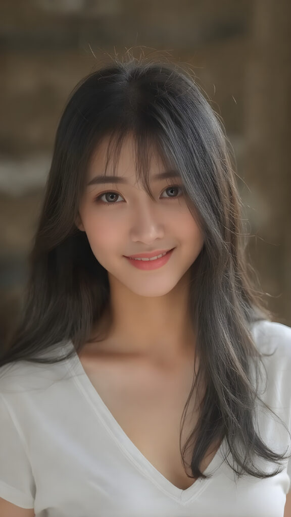a beautifully realistic and detailed (((upper body portrait))), featuring a (((pretty young Korean teen girl))) with ((long soft straight jet black hair)), which flows gently in the wind, framing her delicate face. Her (((dark eyes))), with their distinctive light brown shade, exude a sense of youthful confidence. She's (((smiling sweetly))), with her lips painted in a natural hue that complements Korea's (tanned skin) and her ((looking directly into the camera)) for a high-quality image. (((She wears a short white t-shirt with a low V-neck))), which emphasizes her ((perfect anatomy)). The overall style is (((K-Drama inspired))), with ((natural-looking skin)) and ((beautiful lighting)), which gives off a sense of (natural confidence)