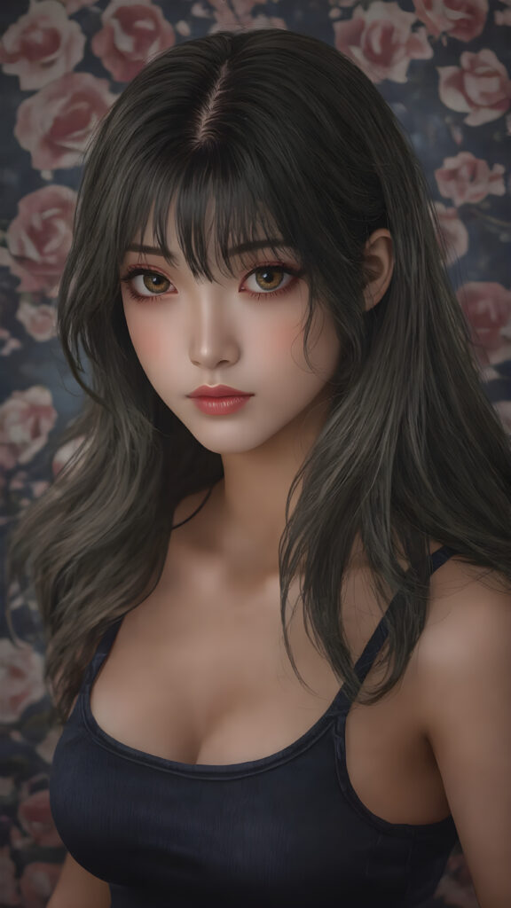 a beautifully realistic and detailed photo from a (((super realistic Japanese girl))), with a curvy figure and intricate details, dressed in a (((super short, tight tank top))), poised in a playfully confident pose, with long, flowing hair and striking, perfectly detailed eyes