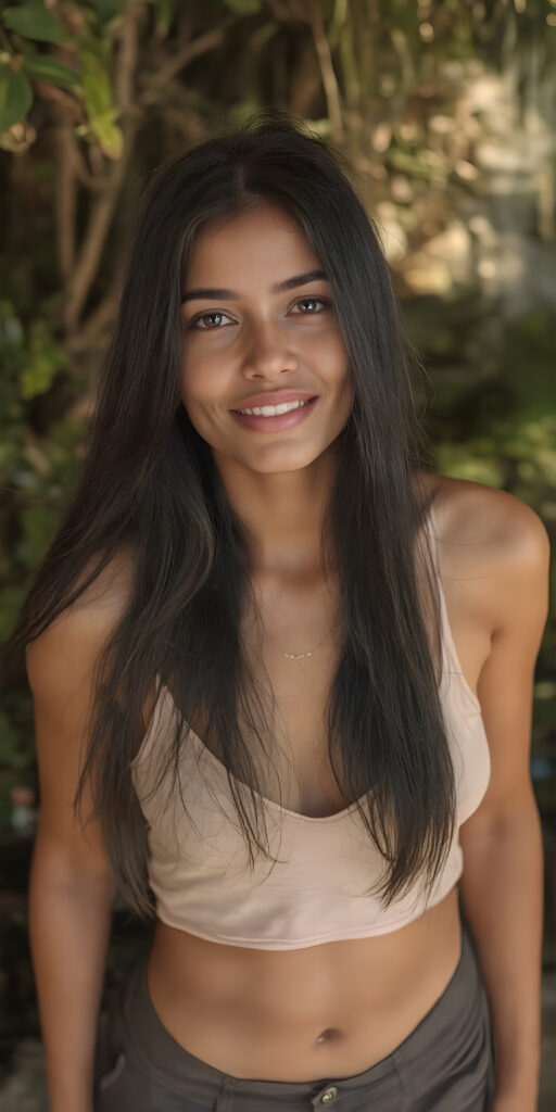 a beautifully realistic ((full body)) photo from my (((girlfriend))) with incredibly long, flowing black hair that perfectly complements her laid-back, sun-kissed complexion. Her striking features include perfectly aligned lips and flawless, symmetrical teeth, highlighted by the sun's gentle rays. She's dressed in a perfectly coordinated, cropped tank top, deep v-neck, that perfectly accentuates her figure, hot pants, all against a sunny beach backdrop, view from above