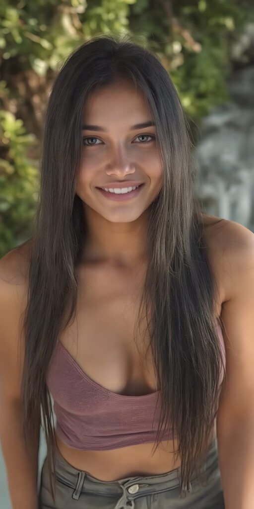 a beautifully realistic ((full body)) photo from my (((girlfriend))) with incredibly long, flowing black hair that perfectly complements her laid-back, sun-kissed complexion. Her striking features include perfectly aligned lips and flawless, symmetrical teeth, highlighted by the sun's gentle rays. She's dressed in a perfectly coordinated, short tank top, deep v-neck, that perfectly accentuates her figure, hot pants, all against a sunny beach backdrop, view from above