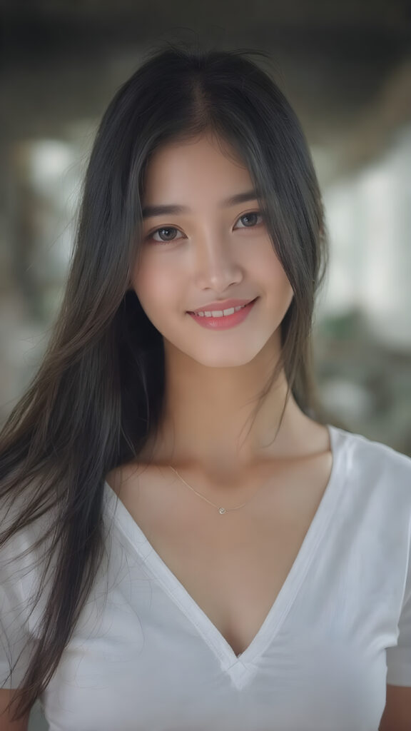 a beautifully realistic and detailed (((upper body portrait))), featuring a (((pretty young Korean teen girl))) with ((long soft straight jet black hair)), which flows gently in the wind, framing her delicate face. Her (((dark eyes))), with their distinctive light brown shade, exude a sense of youthful confidence. She's (((smiling sweetly))), with her lips painted in a natural hue that complements Korea's (tanned skin) and her ((looking directly into the camera)) for a high-quality image. (((She wears a short white t-shirt with a low V-neck))), which emphasizes her ((perfect anatomy)). The overall style is (((K-Drama inspired))), with ((natural-looking skin)) and ((beautiful lighting)), which gives off a sense of (natural confidence)