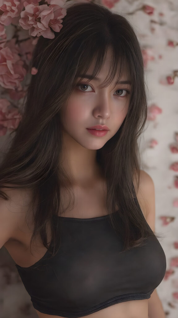 a beautifully realistic and detailed photo from a (((super realistic Japanese girl))), with a curvy figure and intricate details, dressed in a (((super short, tight tank top))), poised in a playfully confident pose, with long, flowing hair and striking, perfectly detailed eyes