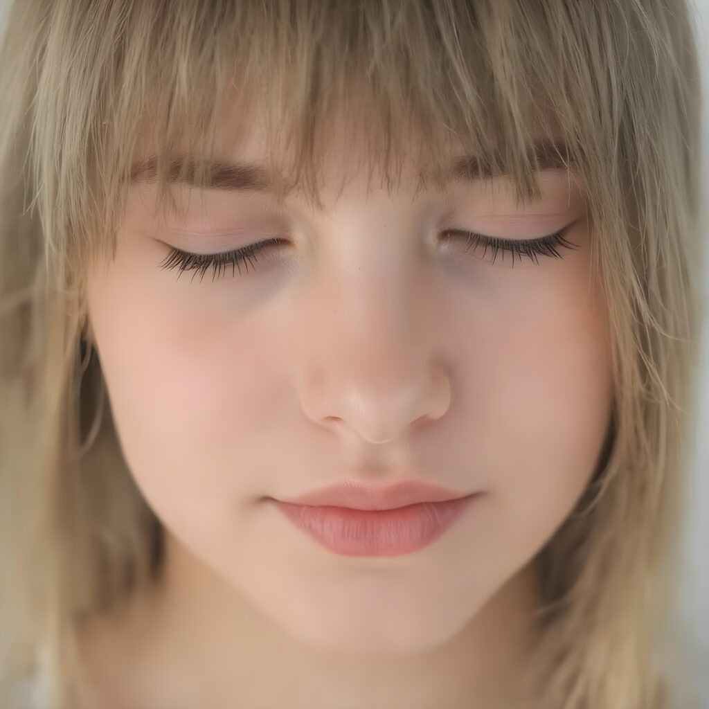 a beautifully super realistic and detailed close up photo, (((young cute teen girl))), with straight soft long brown realistic hair, closed eyes, round face, which accentuates her perfect collarbones, and a seductive smile that captures the viewer’s attention. Her flawless silver skin is visible in full detail, as is her slightly parted lips and piercing gaze, which draws the viewer in for an intimate close-up. Her mouth is closed, warm smile, all against a white backdrop