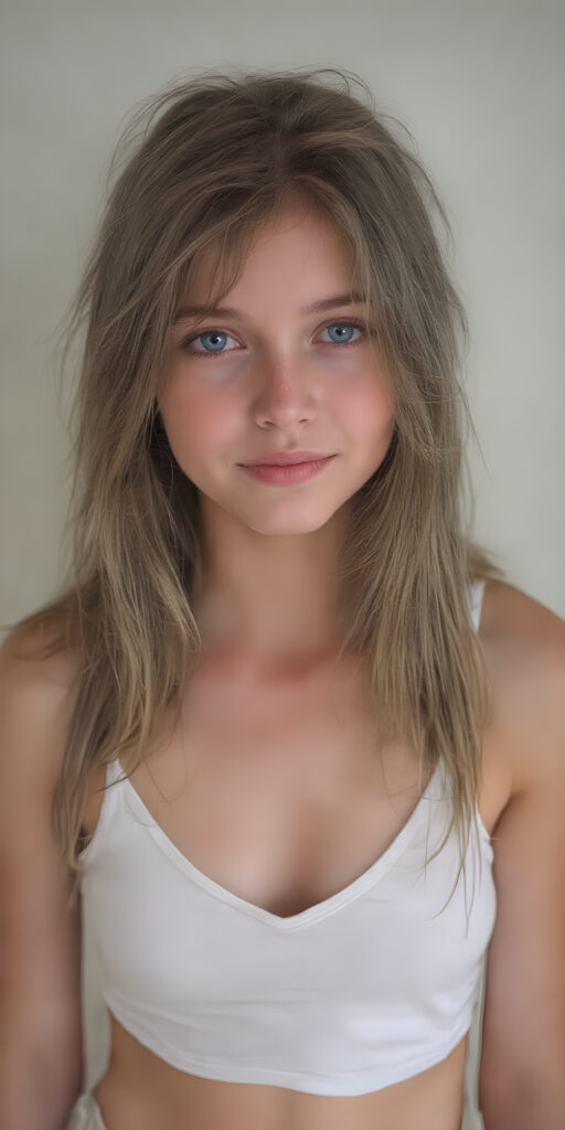 a beautifully super realistic photo from a (((dirty busty young teen girl))), with (((long straight brown messy hair))), (((silver skin))), and (((thin clothes))), wearing (((beige short pants))), short white tank top with deep v-neck, and (((dusty blue eyes))), perfect fit body, cute belly button, empty backdrop, warm smile