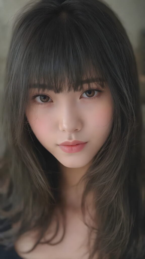 a beautifully snapshot, highlighting the intricate details of a (((straight, thick, and slightly wavy black hair, bangs cut))) paired with (((black eyes))), dressed in a (((black, cropped top))), accessorized with (((pale skin))). The Asian girl exudes an air of (((extreme youthful beauty))), with (((extremely long, flowing straight hair))), which cascades down in a (((swirling vortex))), accompanied by (((a whimsically playful smile))) that gives off a (((subtle yet inviting vibe))). The overall atmosphere is (((extremely advanced and hyper realistic))), with (((the girl's skin))), which has (((extensive, hyper realistic detail)))