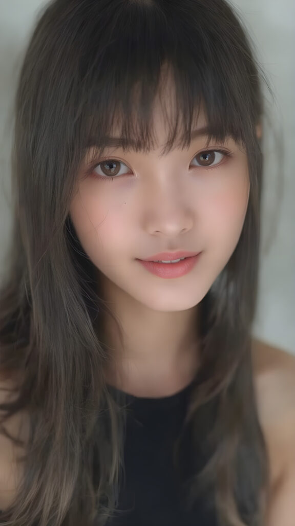 a beautifully snapshot, highlighting the intricate details of a (((straight, thick, and slightly wavy black hair, bangs cut))) paired with (((black eyes))), dressed in a (((black, cropped top))), accessorized with (((pale skin))). The Asian girl exudes an air of (((extreme youthful beauty))), with (((extremely long, flowing straight hair))), which cascades down in a (((swirling vortex))), accompanied by (((a whimsically playful smile))) that gives off a (((subtle yet inviting vibe))). The overall atmosphere is (((extremely advanced and hyper realistic))), with (((the girl's skin))), which has (((extensive, hyper realistic detail)))