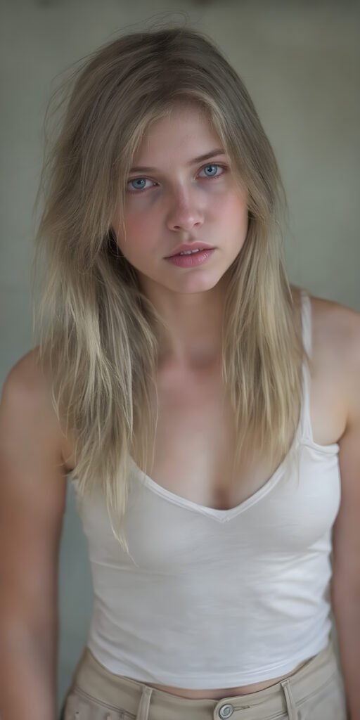 a beautifully super realistic photo from a (((dirty busty teen girl))), with (((long straight blond messy hair))), (((silver skin))), and (((thin clothes))), wearing (((beige short pants))), short white tank top with deep v-neck, and (((dusty blue eyes))), perfect fit body, cute belly button, empty backdrop
