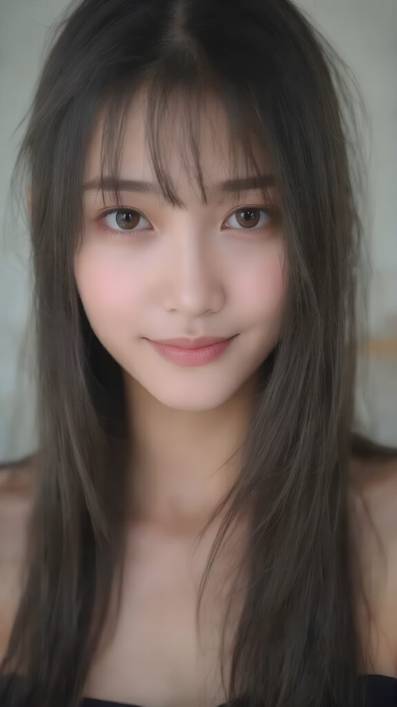a beautifully snapshot, highlighting the intricate details of a (((straight, thick, and slightly wavy black hair, bangs cut))) paired with (((black eyes))), dressed in a (((black, cropped top))), accessorized with (((pale skin))). The Asian girl exudes an air of (((extreme youthful beauty))), with (((extremely long, flowing straight hair))), which cascades down in a (((swirling vortex))), accompanied by (((a whimsically playful smile))) that gives off a (((subtle yet inviting vibe))). The overall atmosphere is (((extremely advanced and hyper realistic))), with (((the girl's skin))), which has (((extensive, hyper realistic detail)))