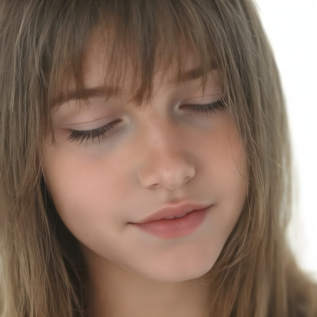 a beautifully super realistic and detailed close up photo, (((young cute teen girl))), with straight soft long brown realistic hair, closed eyes, round face, which accentuates her perfect collarbones, and a seductive smile that captures the viewer’s attention. Her flawless silver skin is visible in full detail, as is her slightly parted lips and piercing gaze, which draws the viewer in for an intimate close-up. Her mouth is closed, warm smile, all against a white backdrop