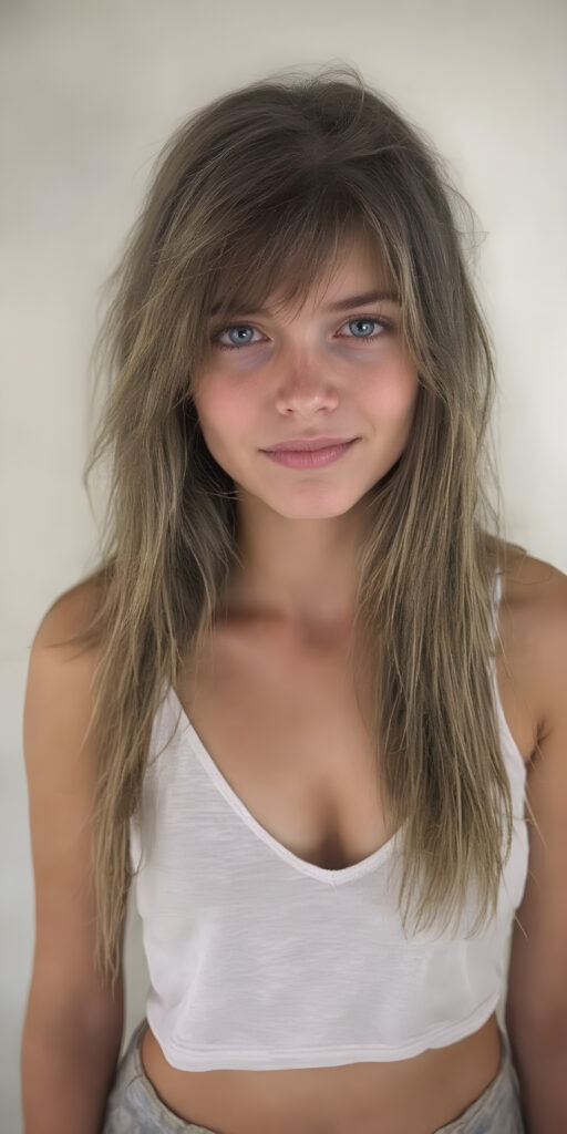 a beautifully super realistic photo from a (((dirty busty young teen girl))), with (((long straight brown messy hair))), (((silver skin))), and (((thin clothes))), wearing (((beige short pants))), short white tank top with deep v-neck, and (((dusty blue eyes))), perfect fit body, cute belly button, empty backdrop, warm smile