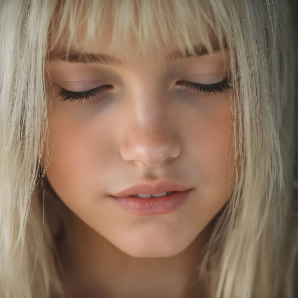 a beautifully super realistic and detailed close up photo, (((young cute teen girl))), with straight soft long white realistic hair, closed eyes, round face, which accentuates her perfect collarbones, and a seductive smile that captures the viewer’s attention. Her flawless silver skin is visible in full detail, as is her slightly parted lips and piercing gaze, which draws the viewer in for an intimate close-up. Her mouth is half open, white teeth, all against a black backdrop