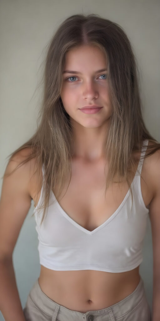 a beautifully super realistic photo from a (((dirty busty young teen girl))), with (((long straight brown messy hair))), (((silver skin))), and (((thin clothes))), wearing (((beige short pants))), short white tank top with deep v-neck, and (((dusty blue eyes))), perfect fit body, cute belly button, empty backdrop, warm smile