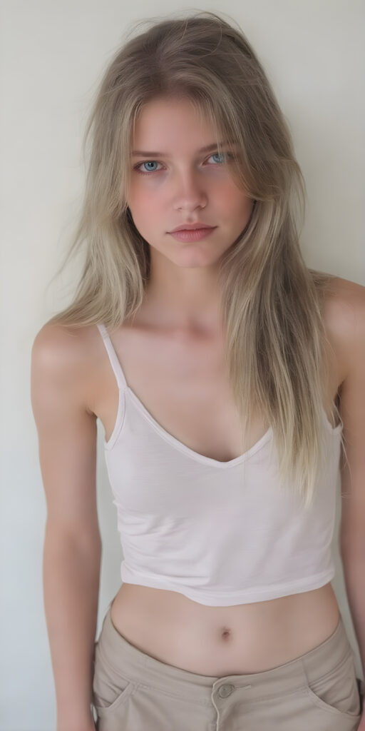 a beautifully super realistic photo from a (((dirty busty teen girl))), with (((long straight blond messy hair))), (((silver skin))), and (((thin clothes))), wearing (((beige short pants))), short white tank top with deep v-neck, and (((dusty blue eyes))), perfect fit body, cute belly button, empty backdrop