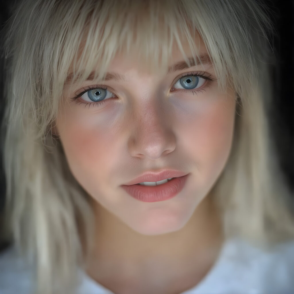 a beautifully super realistic and detailed close up photo, (((young cute teen girl))), with straight soft long white realistic hair, deep blue eyes, round face, which accentuates her perfect collarbones, and a seductive smile that captures the viewer’s attention. Her flawless silver skin is visible in full detail, as is her slightly parted lips and piercing gaze, which draws the viewer in for an intimate close-up. Her mouth is slightly open, white teeth, she is wearing a white short t-shirt, all against a black backdrop
