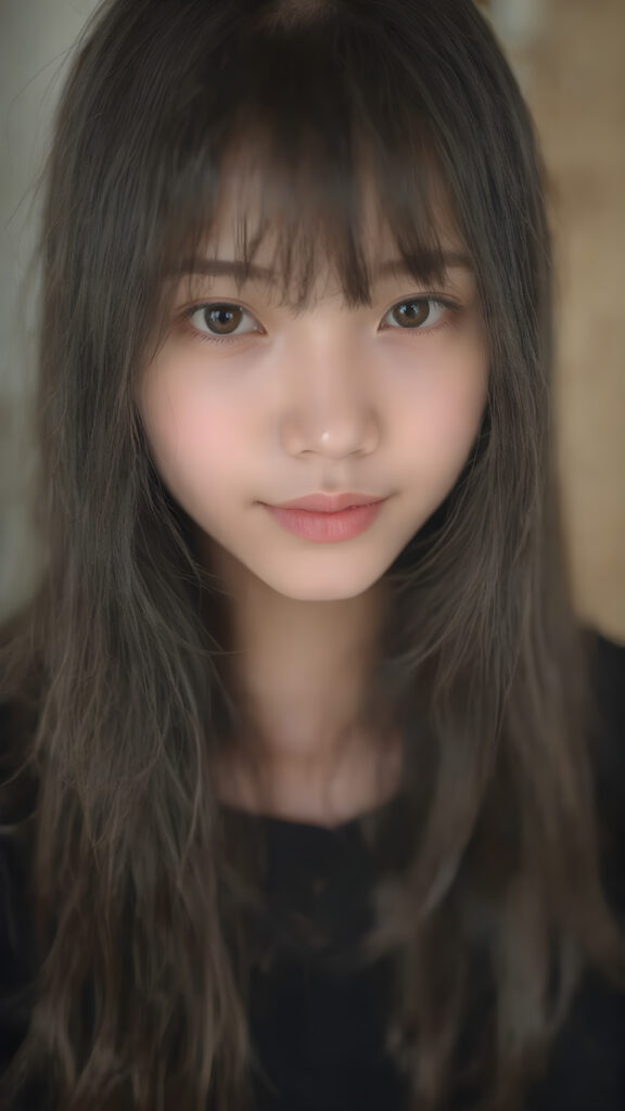 a beautifully snapshot, highlighting the intricate details of a (((straight, thick, and slightly wavy black hair, bangs cut))) paired with (((black eyes))), dressed in a (((black, cropped top))), accessorized with (((pale skin))). The Asian girl exudes an air of (((extreme youthful beauty))), with (((extremely long, flowing straight hair))), which cascades down in a (((swirling vortex))), accompanied by (((a whimsically playful smile))) that gives off a (((subtle yet inviting vibe))). The overall atmosphere is (((extremely advanced and hyper realistic))), with (((the girl's skin))), which has (((extensive, hyper realistic detail)))